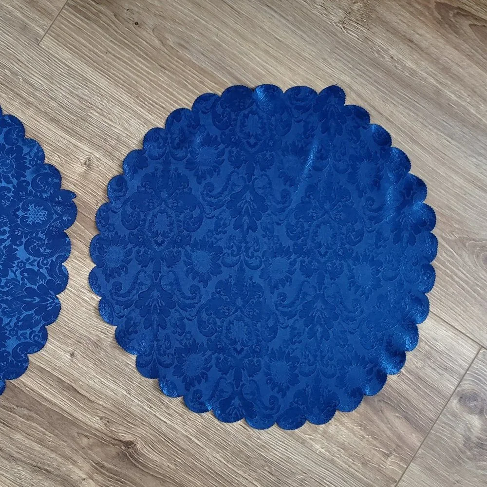 VTG PAIR OF SHINY DARK BLUE ROUND TABLE TOPPER DOILIES SCALLOPED EDGES 16